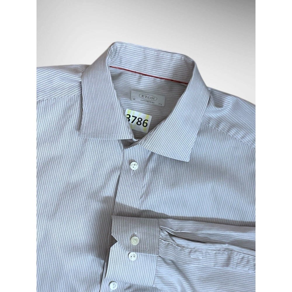 Eton Contemporary Dress Shirt Mens L 44 17.5 Beige Striped Button Down Office